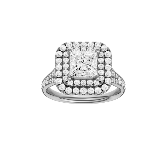 A front view of the Princess cut diamond engagement ring in 14k white gold with a channel band and cathedral setting