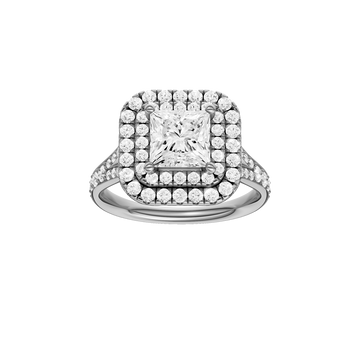 A front view of the Princess cut diamond engagement ring in 14k white gold with a channel band and cathedral setting