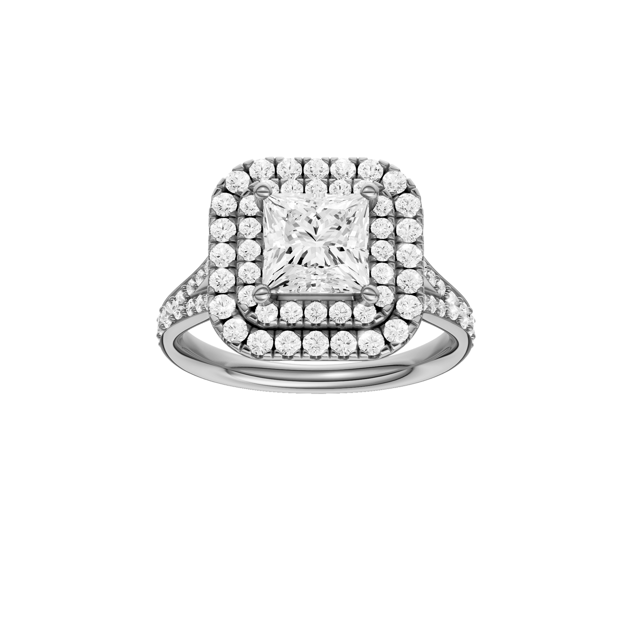 A front view of the Princess cut diamond engagement ring in platinum with a channel band and cathedral setting