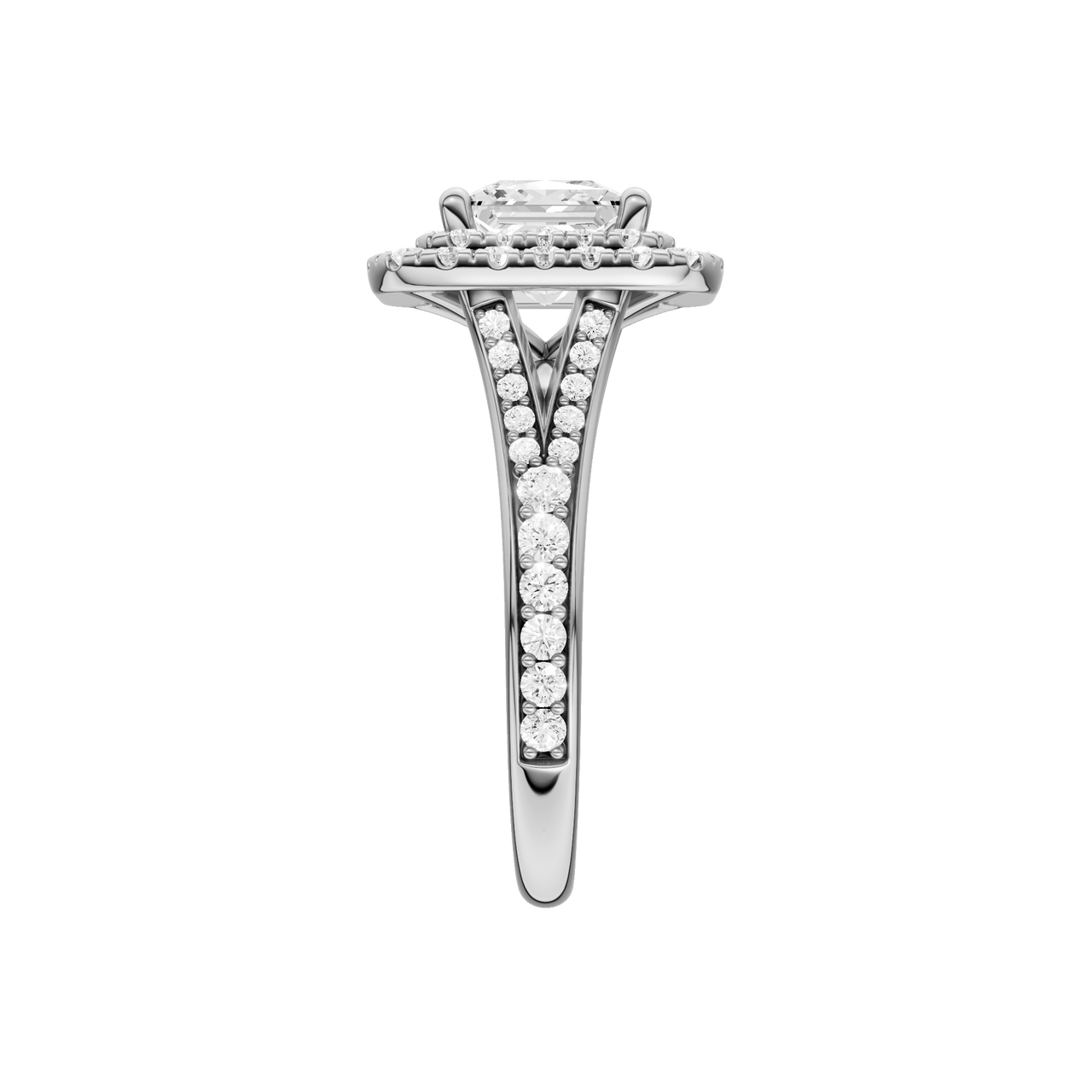 A side view of the Princess cut diamond engagement ring in 14k white gold with a channel band and cathedral setting