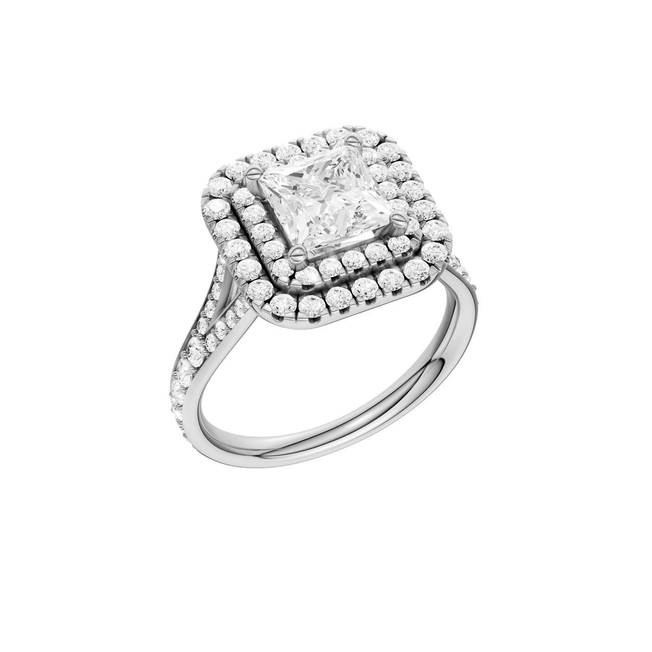 A three-quarter view of the Princess cut diamond engagement ring in platinum with a channel band and cathedral setting