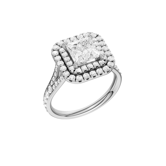A three-quarter view of the Princess cut diamond engagement ring in 14k white gold with a channel band and cathedral setting