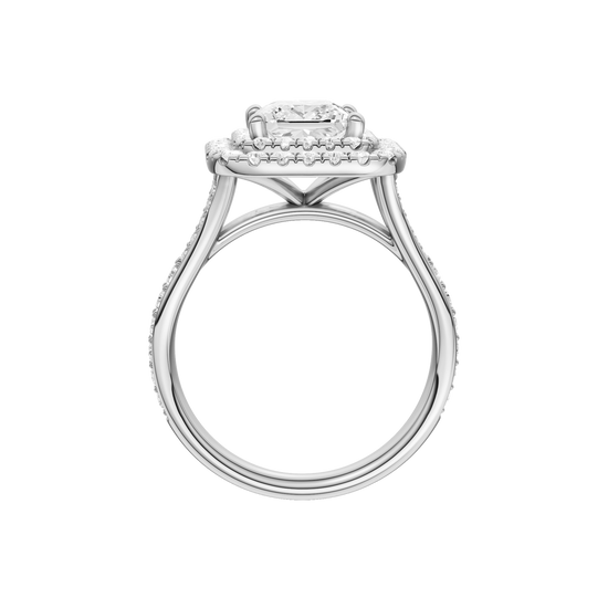 A profile view of the Princess cut diamond engagement ring in 14k white gold with a channel band and cathedral setting