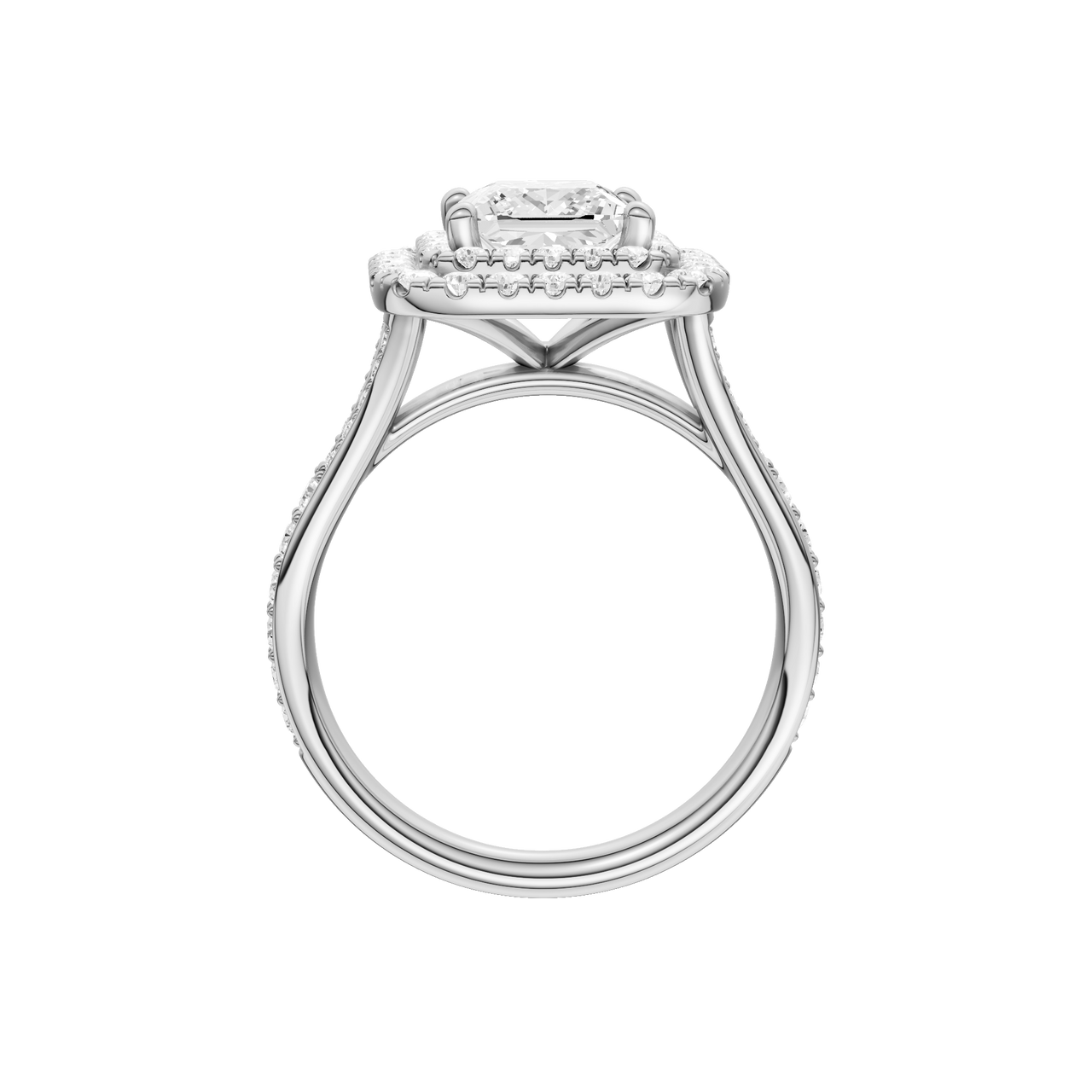A profile view of the Princess cut diamond engagement ring in platinum with a channel band and cathedral setting