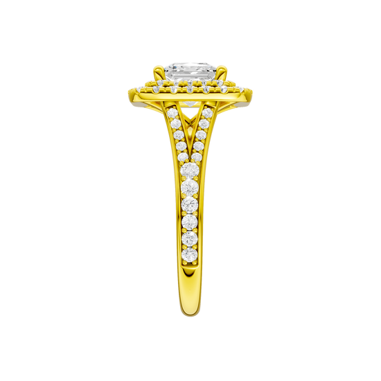 A side view of the Princess cut diamond engagement ring in 14k yellow gold with a channel band and cathedral setting