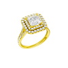 A three-quarter view of the Princess cut diamond engagement ring in 14k yellow gold with a channel band and cathedral setting