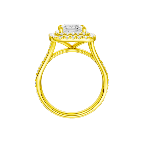 A profile view of the Princess cut diamond engagement ring in 14k yellow gold with a channel band and cathedral setting