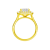 A profile view of the Princess cut diamond engagement ring in 14k yellow gold with a channel band and cathedral setting