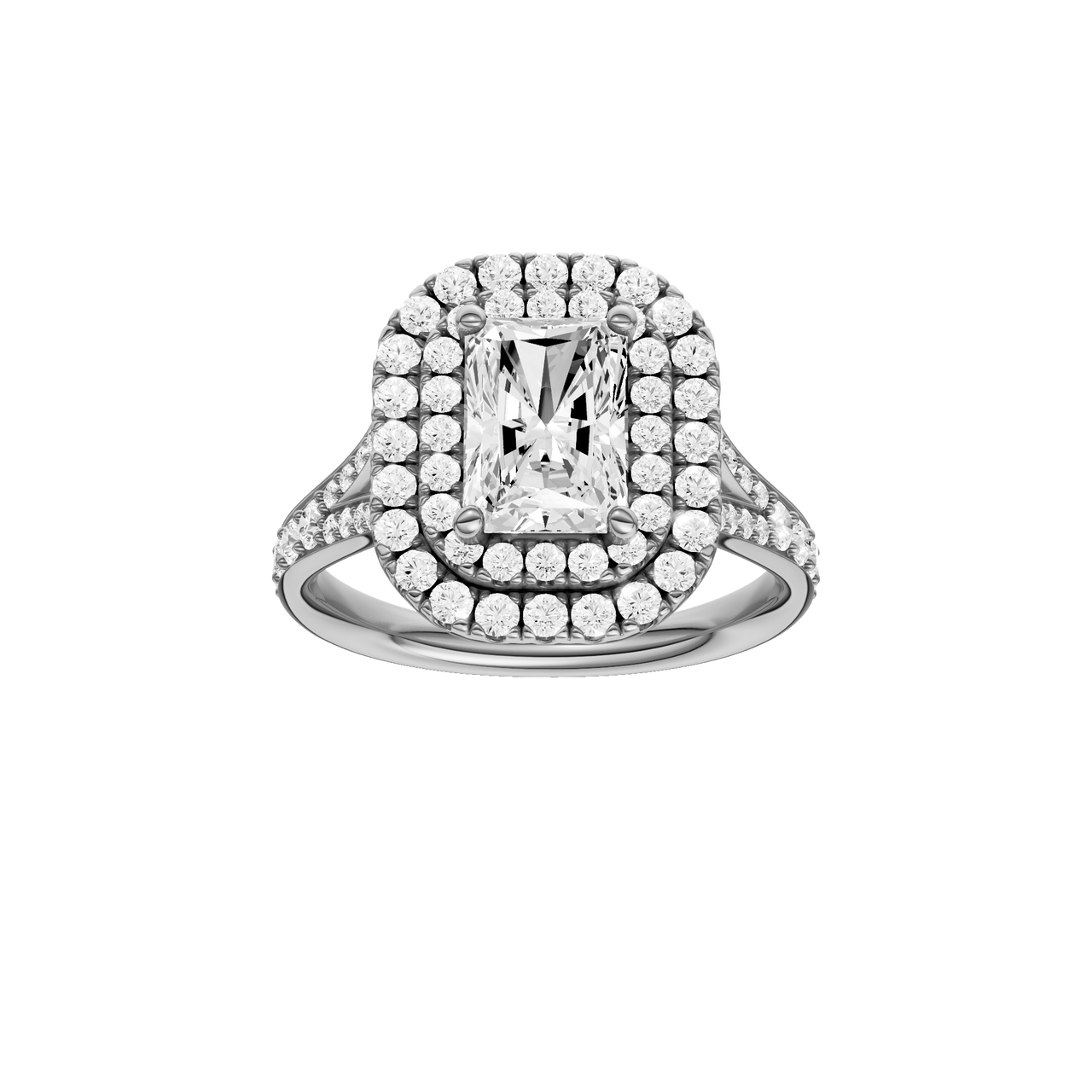 A front view of the Radiant cut diamond engagement ring in platinum with a channel band and cathedral setting