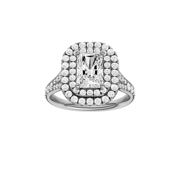 A front view of the Radiant cut diamond engagement ring in 14k white gold with a channel band and cathedral setting