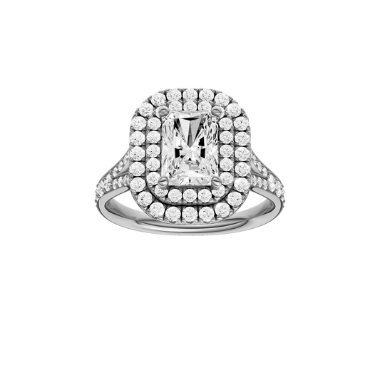 A front view of the Radiant cut diamond engagement ring in 14k white gold with a channel band and cathedral setting
