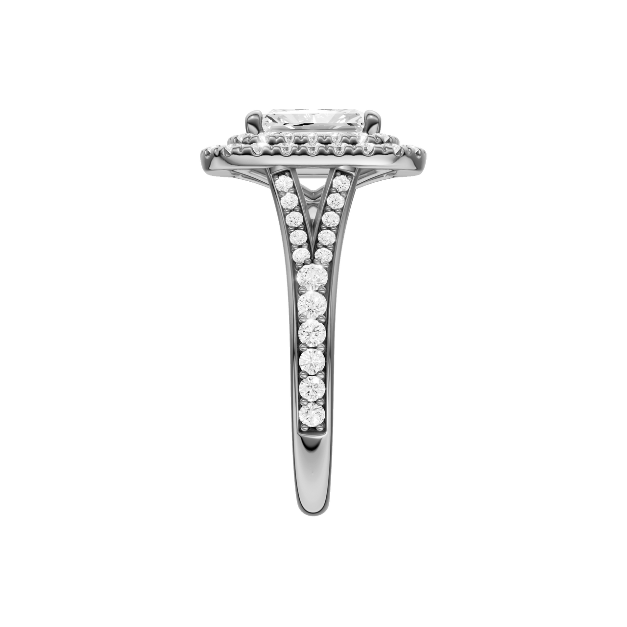 A side view of the Radiant cut diamond engagement ring in 14k white gold with a channel band and cathedral setting