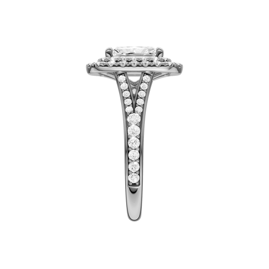 A side view of the Radiant cut diamond engagement ring in 14k white gold with a channel band and cathedral setting