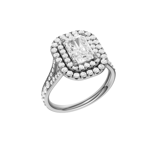 A three-quarter view of the Radiant cut diamond engagement ring in platinum with a channel band and cathedral setting