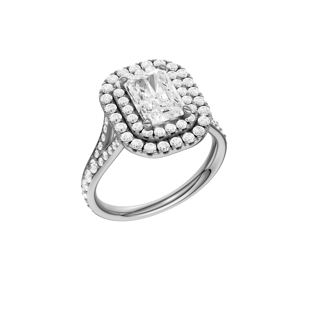 A three-quarter view of the Radiant cut diamond engagement ring in 14k white gold with a channel band and cathedral setting