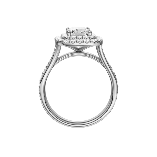 A profile view of the Radiant cut diamond engagement ring in platinum with a channel band and cathedral setting