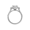 A profile view of the Radiant cut diamond engagement ring in platinum with a channel band and cathedral setting