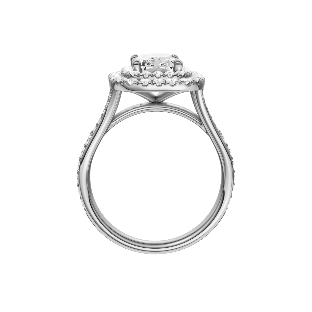 A profile view of the Radiant cut diamond engagement ring in platinum with a channel band and cathedral setting