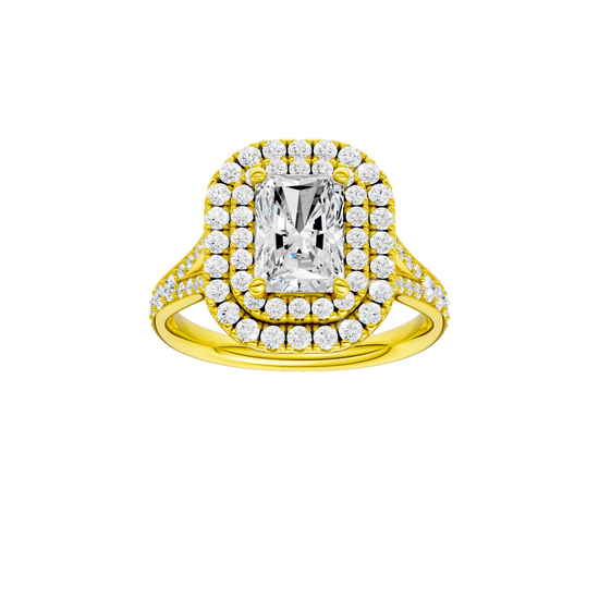 A front view of the Radiant cut diamond engagement ring in 14k yellow gold with a channel band and cathedral setting