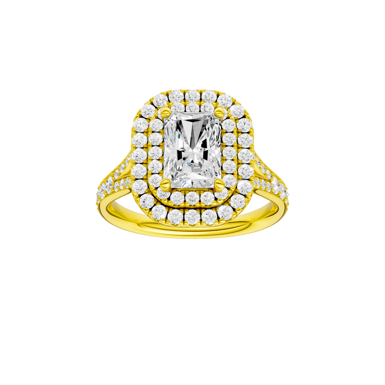 A front view of the Radiant cut diamond engagement ring in 14k yellow gold with a channel band and cathedral setting