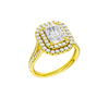 A three-quarter view of the Radiant cut diamond engagement ring in 14k yellow gold with a channel band and cathedral setting