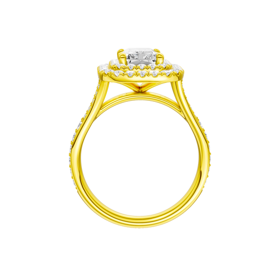 A profile view of the Radiant cut diamond engagement ring in 14k yellow gold with a channel band and cathedral setting