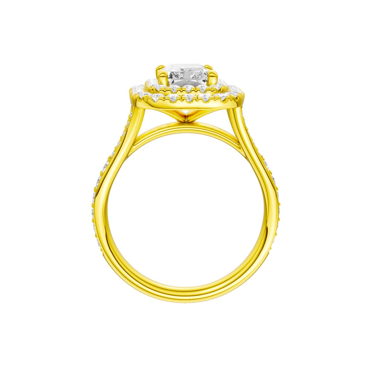 A profile view of the Radiant cut diamond engagement ring in 14k yellow gold with a channel band and cathedral setting
