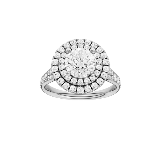 A front view of the Round cut diamond engagement ring in 14k white gold with a channel band and cathedral setting