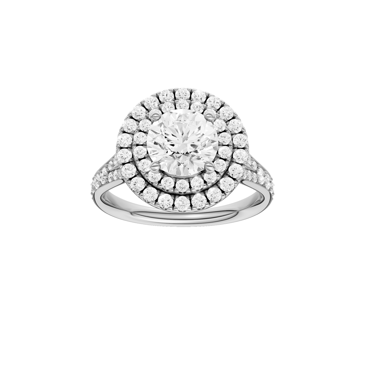 A front view of the Round cut diamond engagement ring in 14k white gold with a channel band and cathedral setting