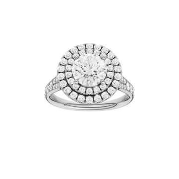A front view of the Round cut diamond engagement ring in 14k white gold with a channel band and cathedral setting