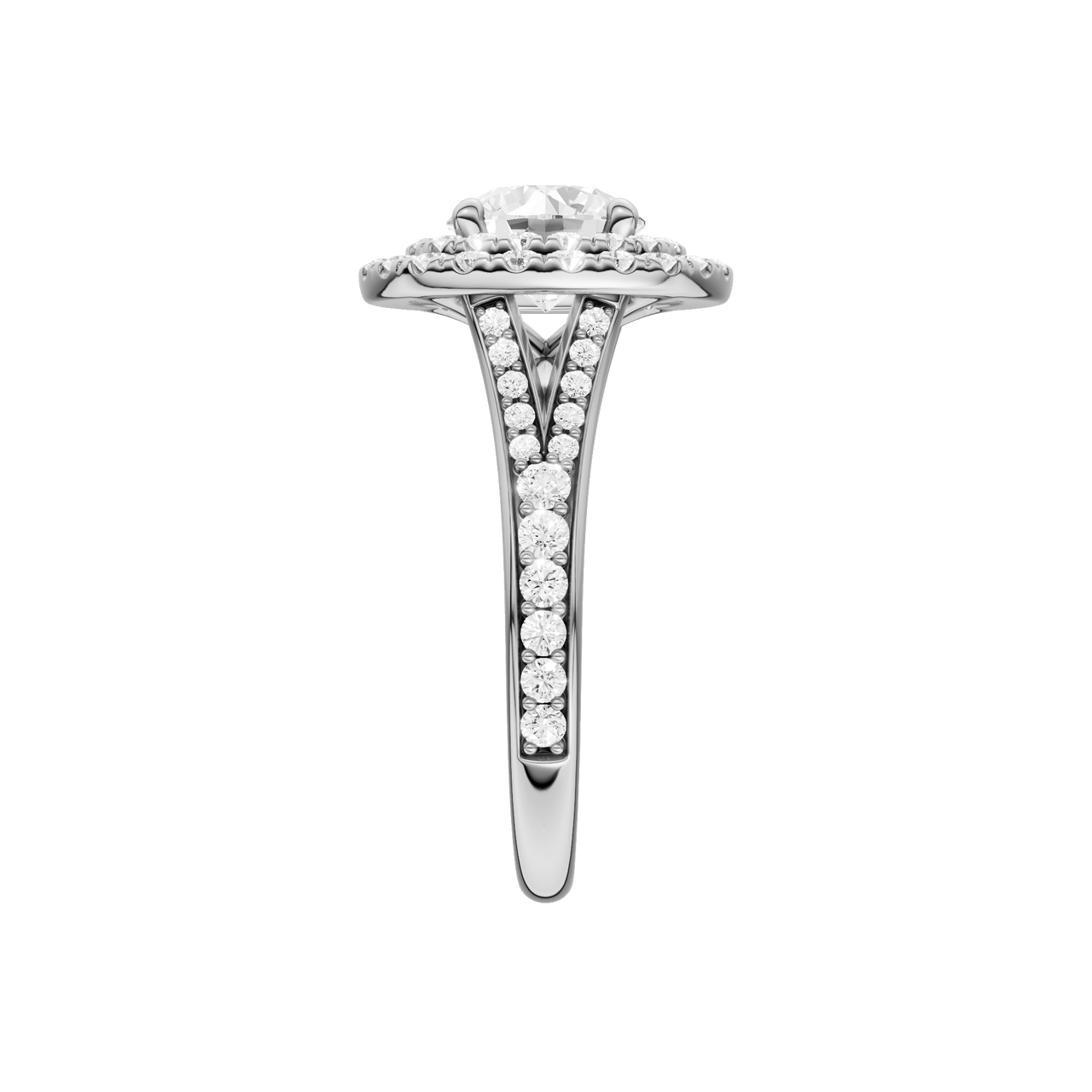 A side view of the Round cut diamond engagement ring in platinum with a channel band and cathedral setting