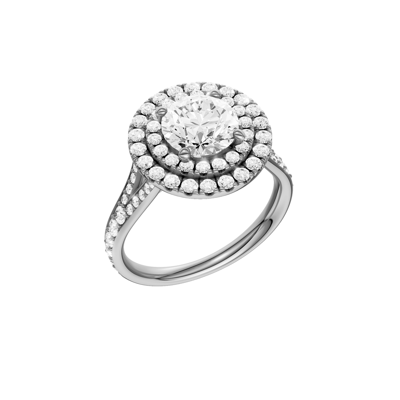 A three-quarter view of the Round cut diamond engagement ring in platinum with a channel band and cathedral setting