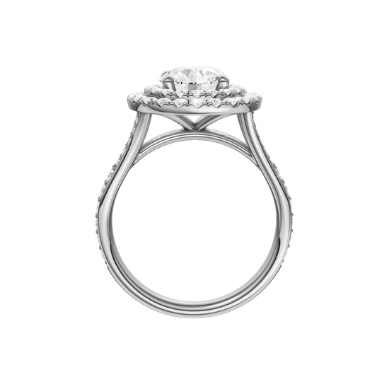 A profile view of the Round cut diamond engagement ring in 14k white gold with a channel band and cathedral setting
