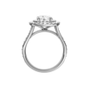 A profile view of the Round cut diamond engagement ring in 14k white gold with a channel band and cathedral setting