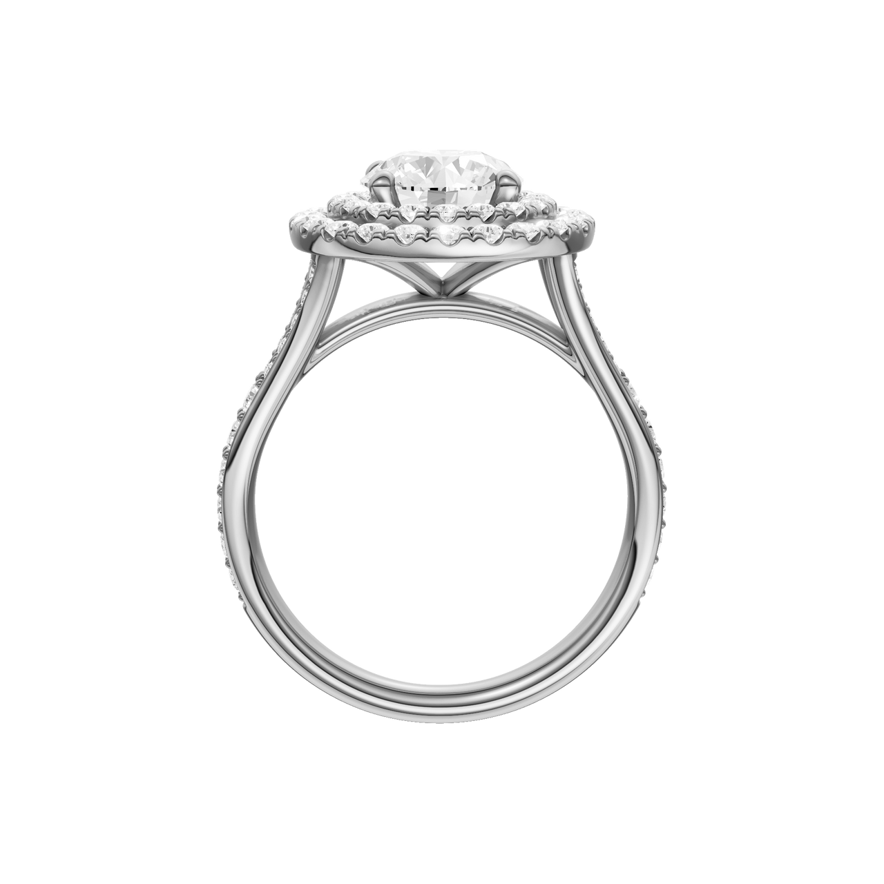 A profile view of the Round cut diamond engagement ring in platinum with a channel band and cathedral setting