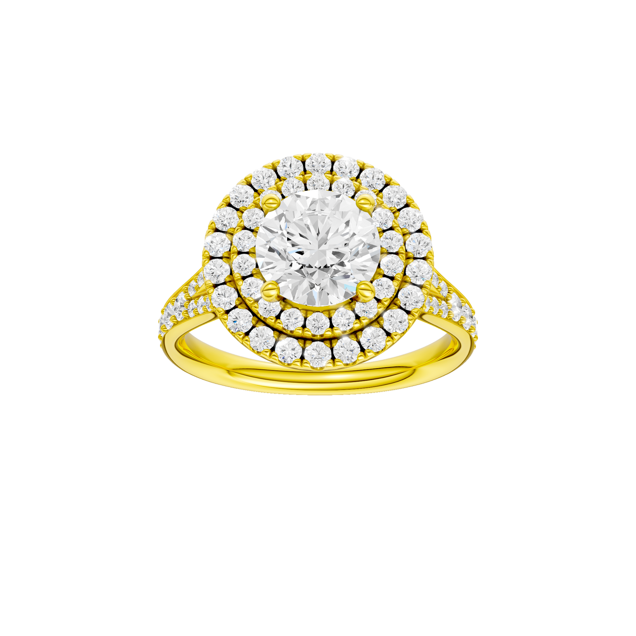 A front view of the Round cut diamond engagement ring in 14k yellow gold with a channel band and cathedral setting