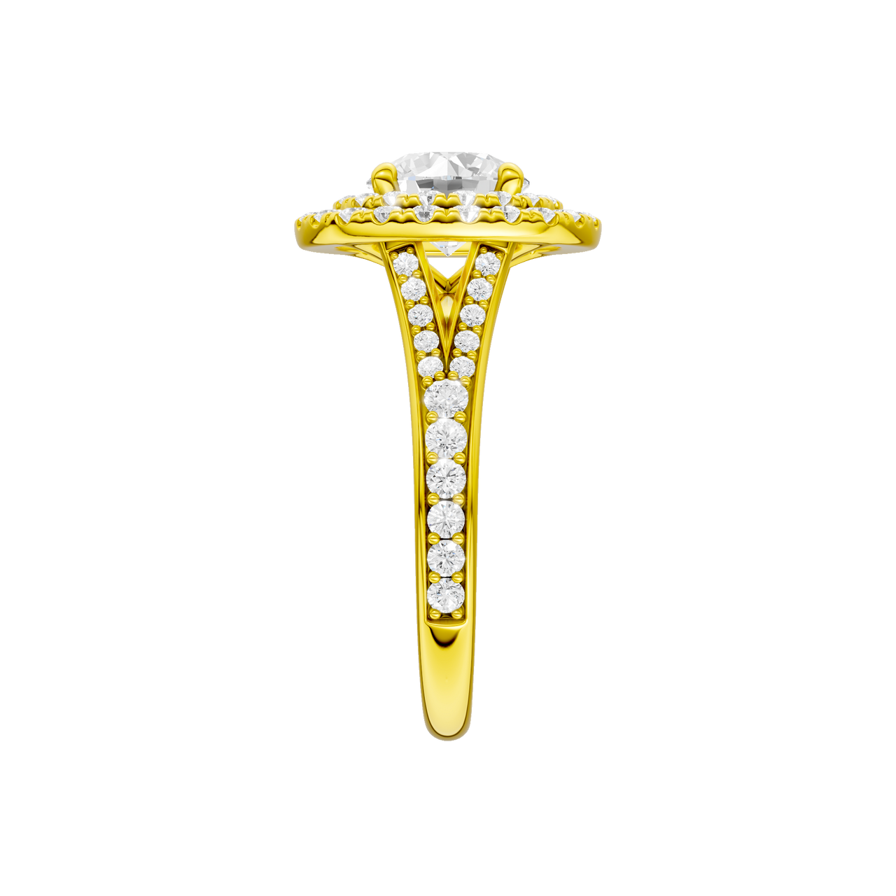 A side view of the Round cut diamond engagement ring in 14k yellow gold with a channel band and cathedral setting