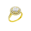A three-quarter view of the Round cut diamond engagement ring in 14k yellow gold with a channel band and cathedral setting