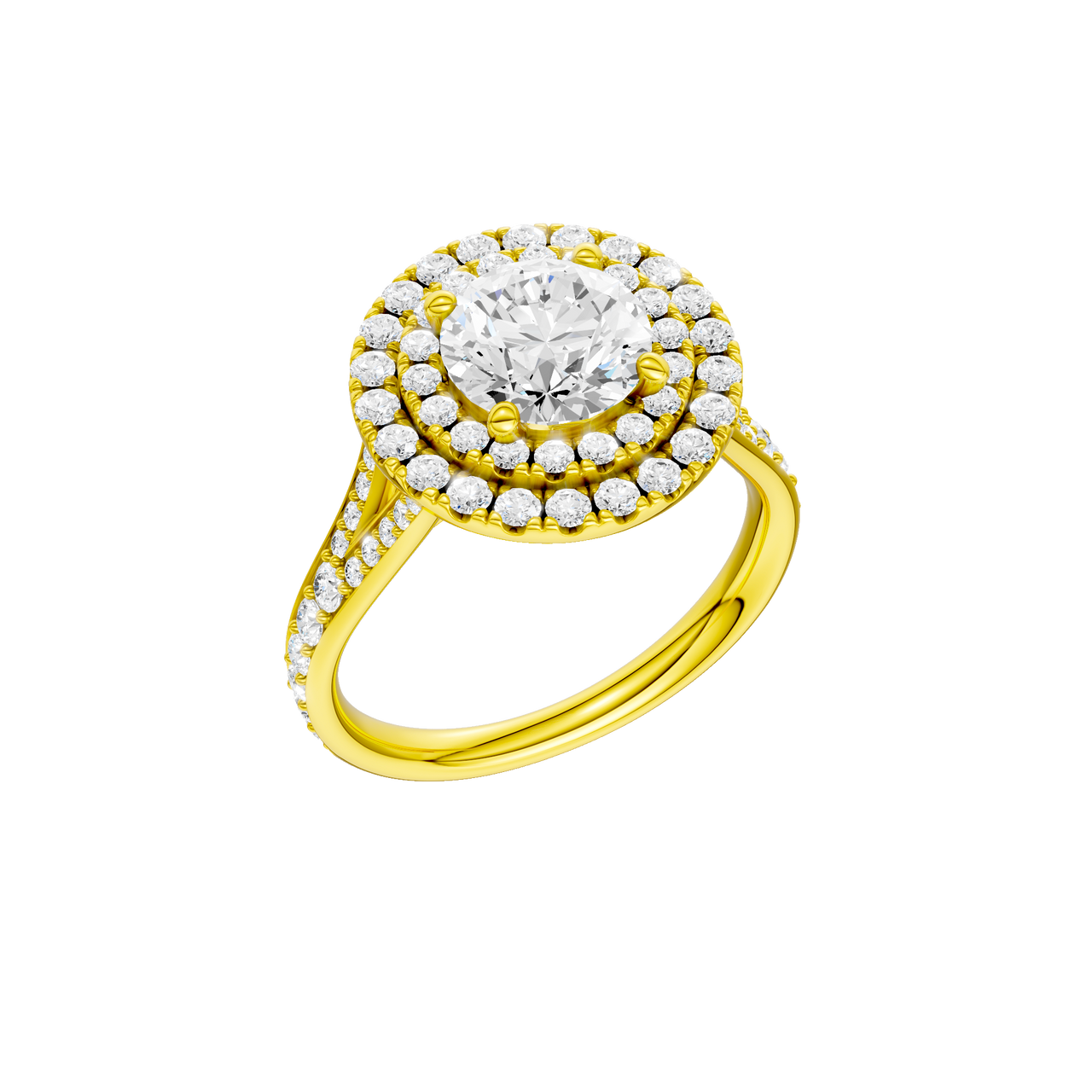 A three-quarter view of the Round cut diamond engagement ring in 14k yellow gold with a channel band and cathedral setting