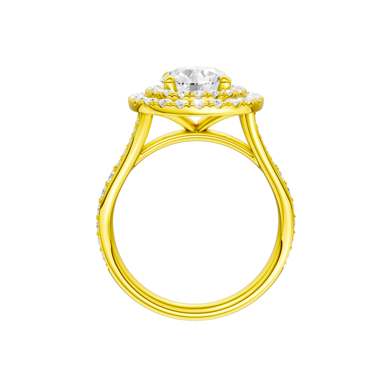 A profile view of the Round cut diamond engagement ring in 14k yellow gold with a channel band and cathedral setting