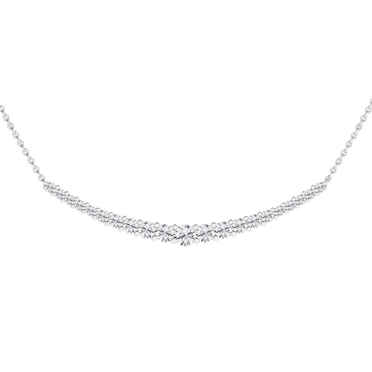 Amorati Diamonds, Petite Graduated Diamond Curve Necklace, 1 total carat, 14K white gold, u-shape close up image.