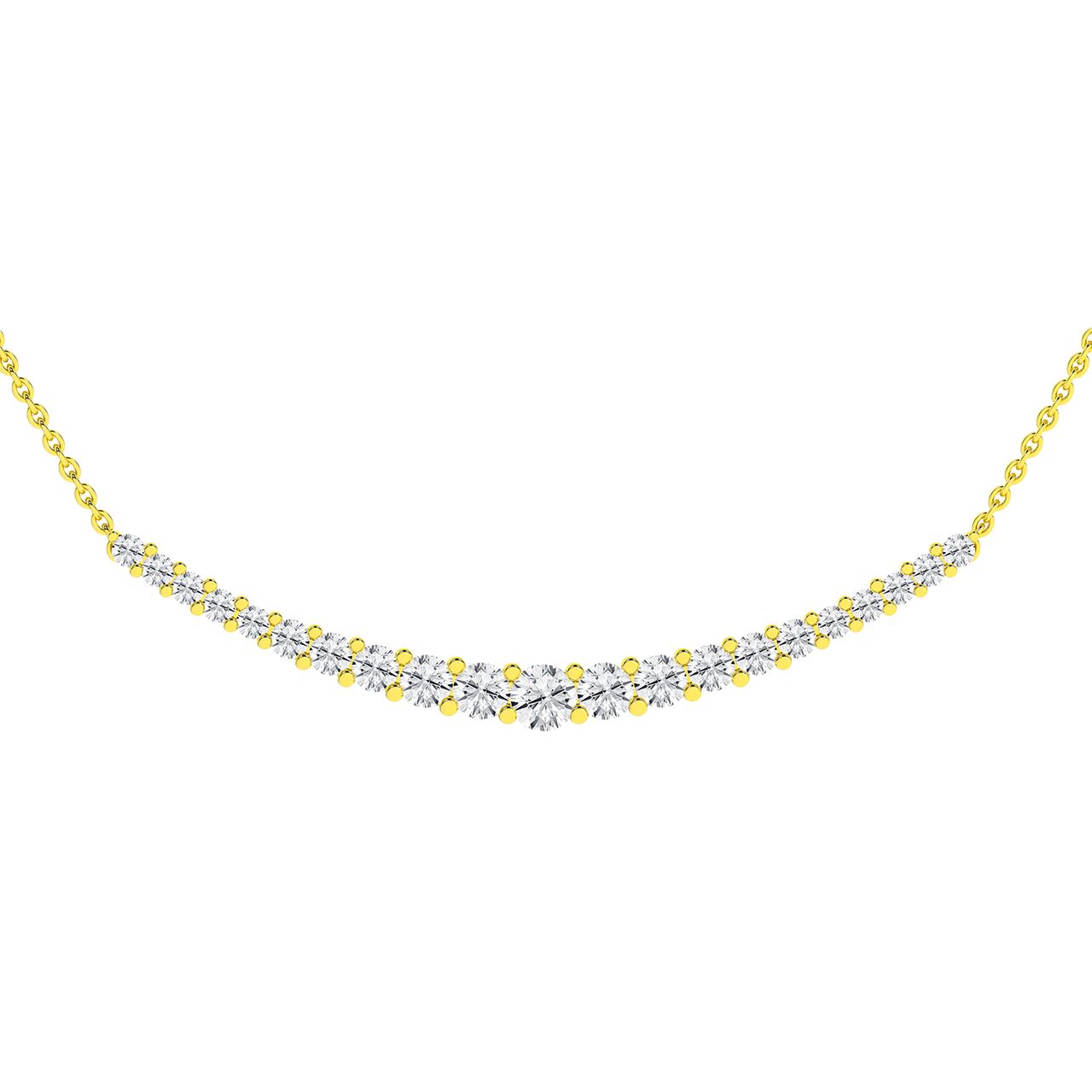 Amorati Diamonds, Petite Graduated Diamond Curve Necklace, 1 total carat, 14K yellow gold, u-shape close up image.