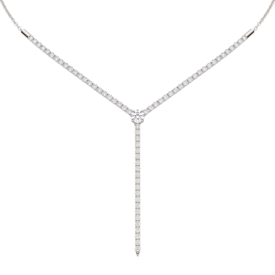 A close-up of the delicate 14K white gold diamond drop necklace (Valletta Strand) and the subtle diamond bar pendant.