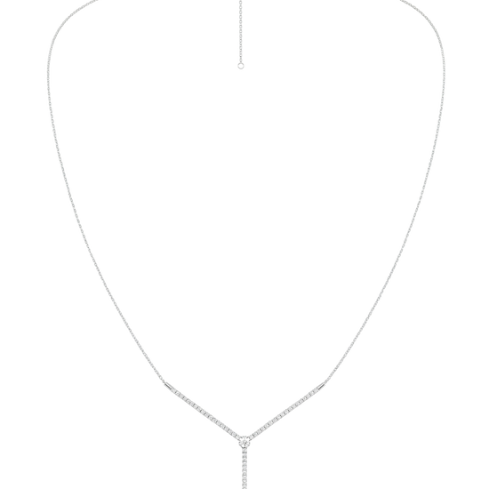 A full view of the thin 14K white gold chain with diamond bar pendant (Valletta Strand) for sophisticated layering.