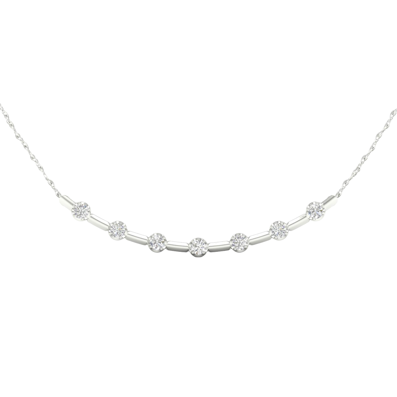 Close-up view of round white diamonds set in a white gold station necklace, highlighting stone clarity, setting detail, and polished white gold finish.