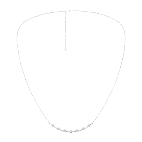 Wide view of a white gold diamond station necklace featuring round white diamonds spaced along a delicate chain in a refined fine jewelry style.
