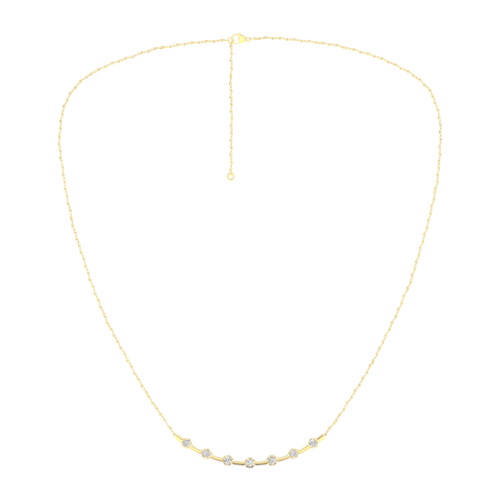 Wide view of a yellow gold diamond station necklace featuring round white diamonds spaced along a delicate chain in a classic fine jewelry design.