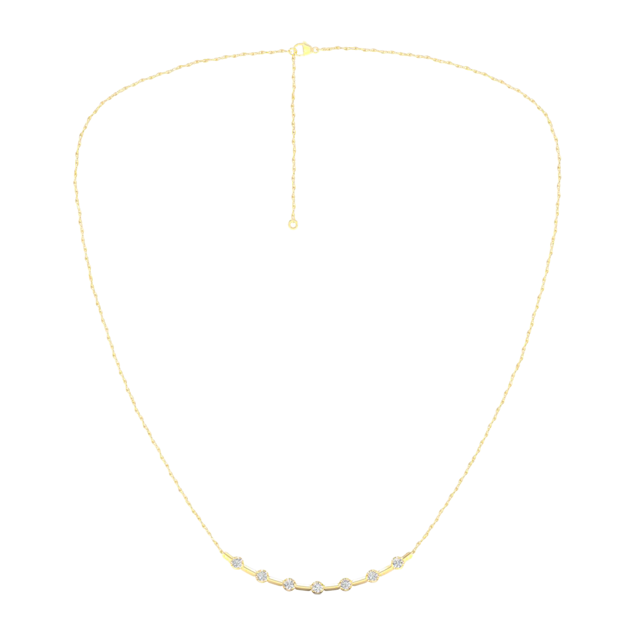 Wide view of a yellow gold diamond station necklace featuring round white diamonds spaced along a delicate chain in a classic fine jewelry design.