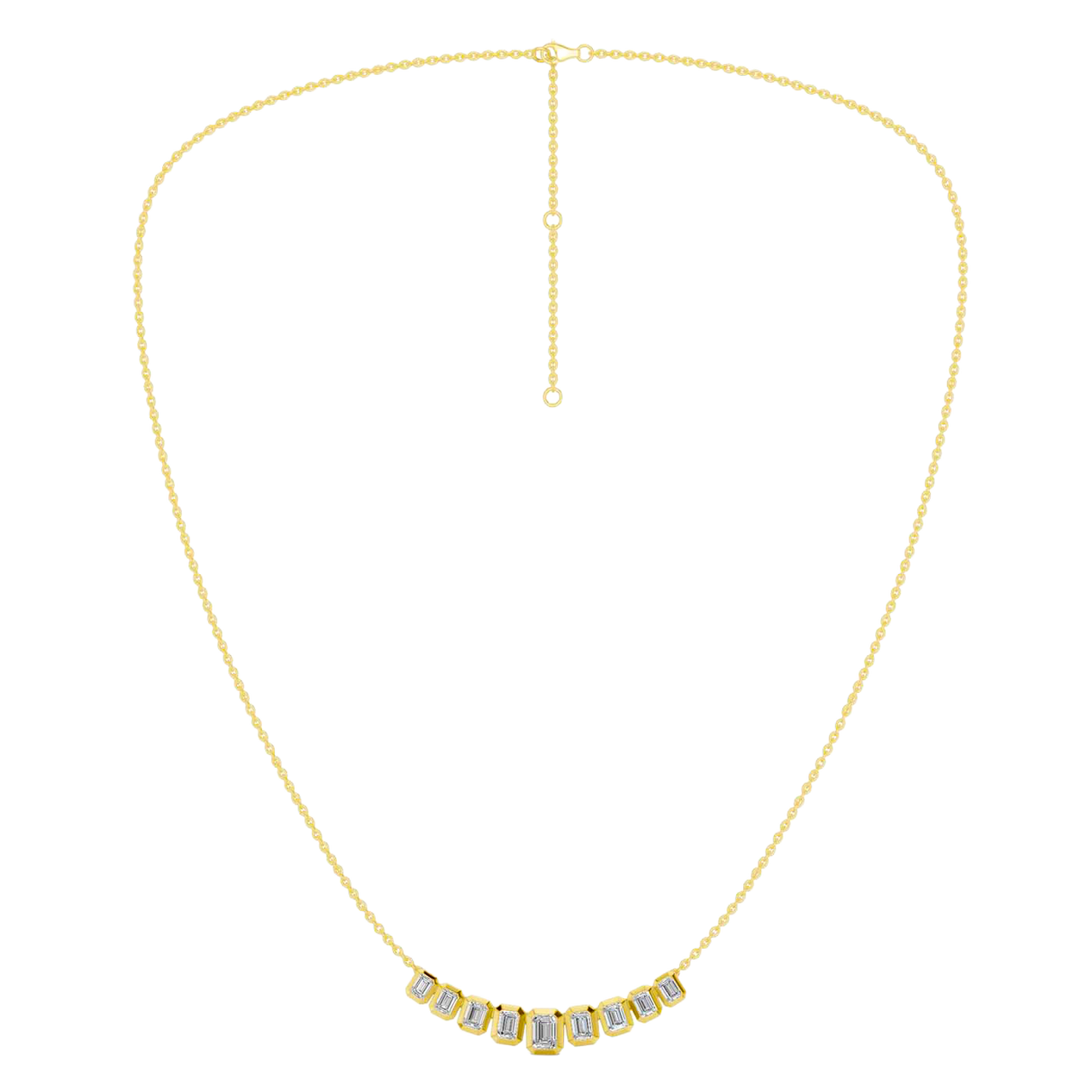 Zoomed out front view of a delicate graduated emerald-cut diamond necklace in yellow gold, featuring smaller step-cut diamonds arranged in a soft curved silhouette.