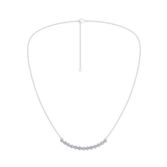 Front view of a white gold necklace featuring round white diamonds set along a gently curved design on a delicate chain.